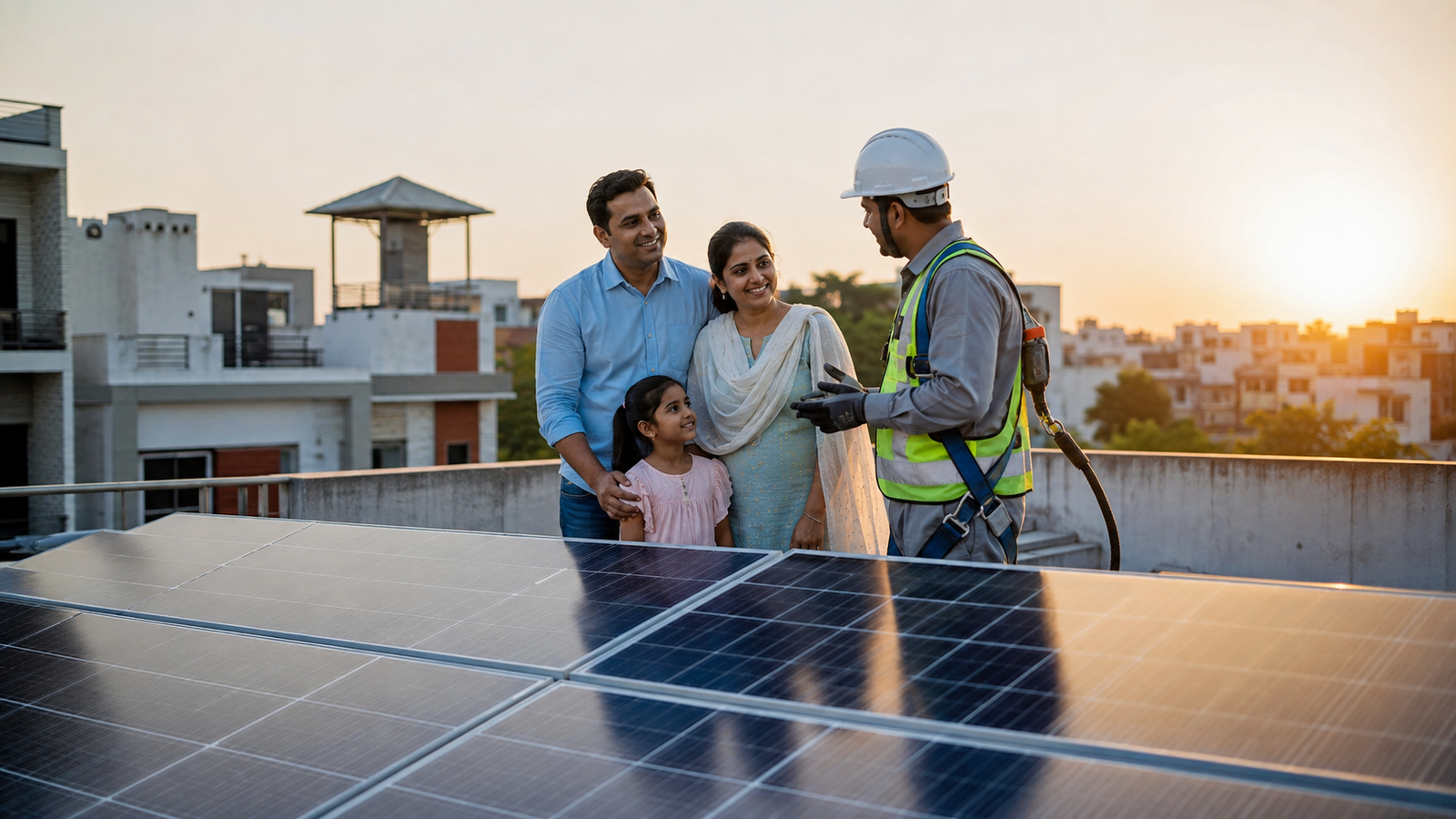 Indian homeowners and a solar engineer with rooftop panels